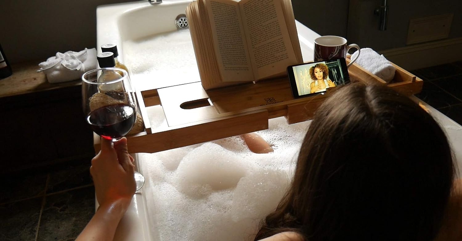 Blooming Lily Sturdily Designed Bath Tray with Wine Glass Holder, Ipad Stand and More Suitable for Most Baths (Natural)
