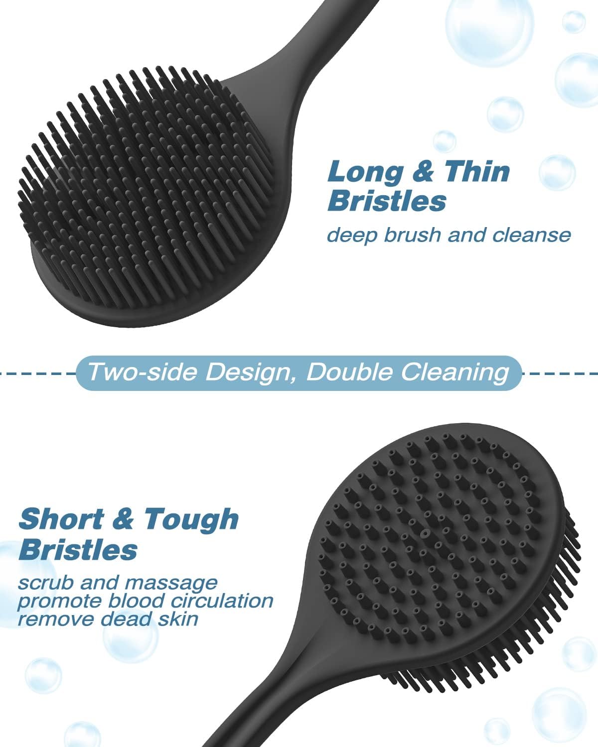 Manmihealth Silicone Back Scrubber(Thick Bristles) & Soft Bath Glove Set, Super-Exfoliating Body Scrubber & Super-Lathering Shower Brush Combination, with a Free Hook.(Black)