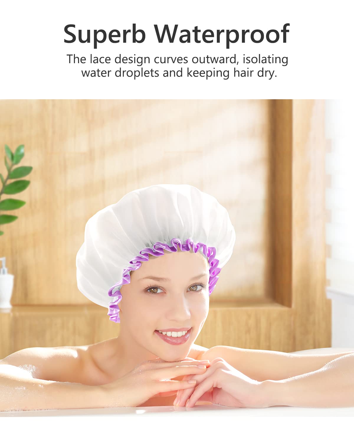 mikimini White Shower Cap Waterproof Reusable, Double Layers Bathing Hair Cap with Soft Comfortable PEVA Lining, Cute, Non-fading & Stretchy Shower Hat Medium (Pack of 1) White