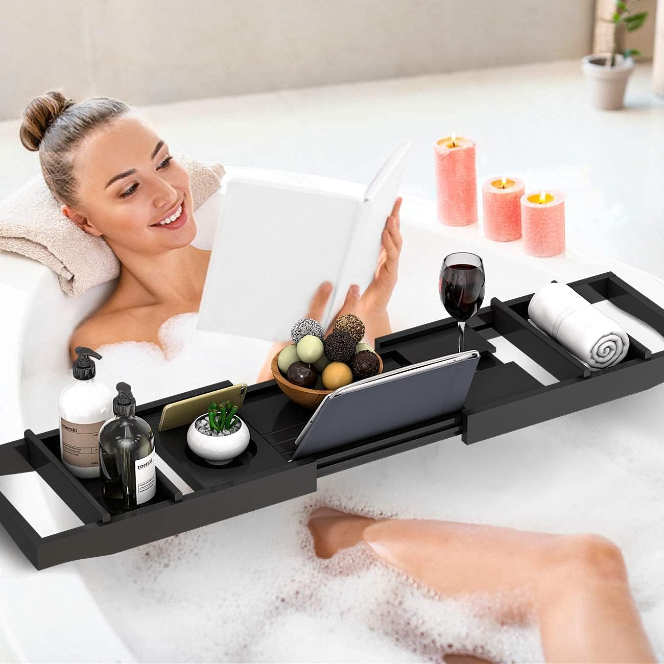 Domax Bathtub Caddy Tray and Bamboo Bath Mat for Luxury Spa Bath Black