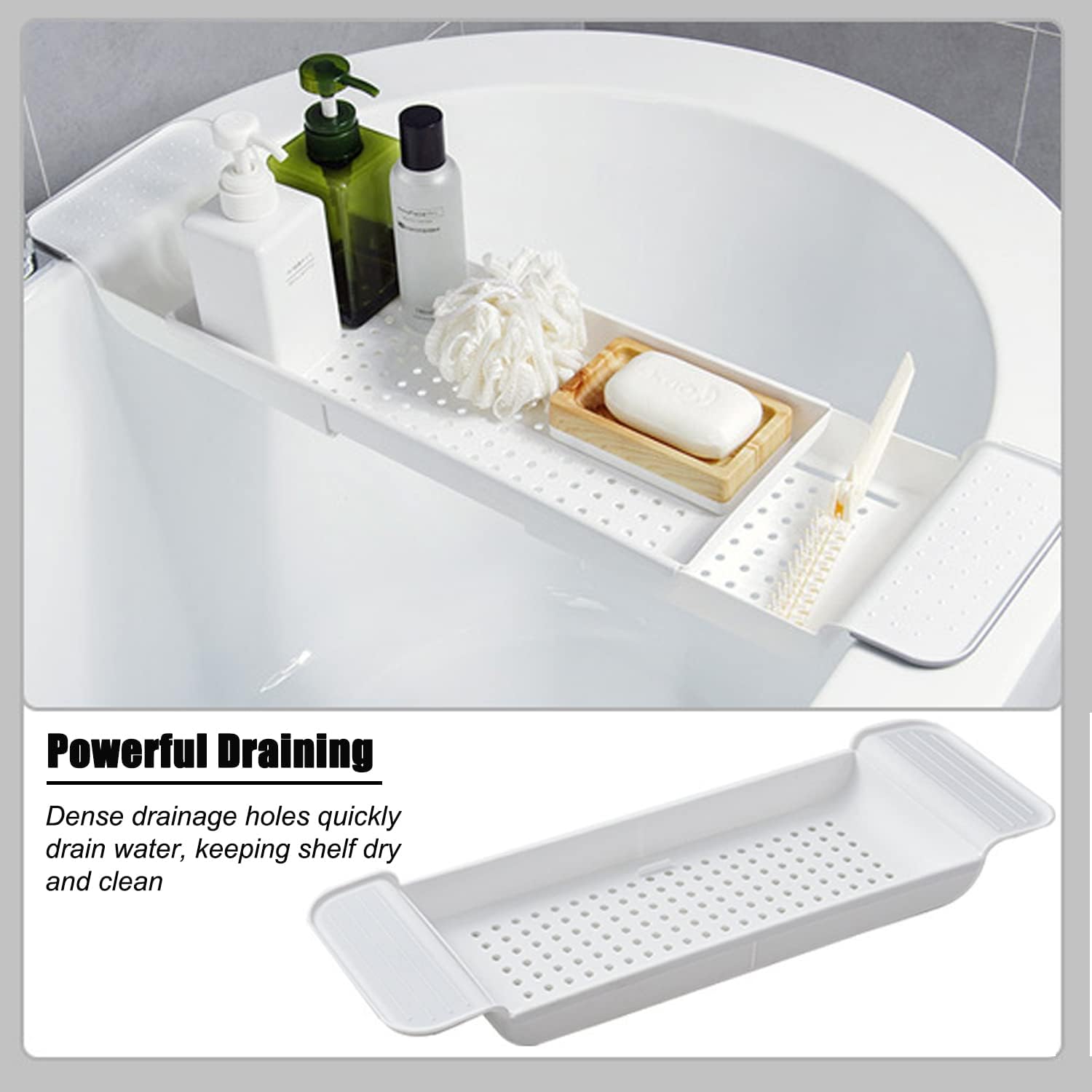 Expandable Drain Bath Shelf Caddy Tray, Multifunctional Plastic Bathtub Tray Bathroom Organizer Simple Stylish Bathtub Storage Rack for Candle Towel, Book, Wine, Phone, Shower (Grey - 1pcs)
