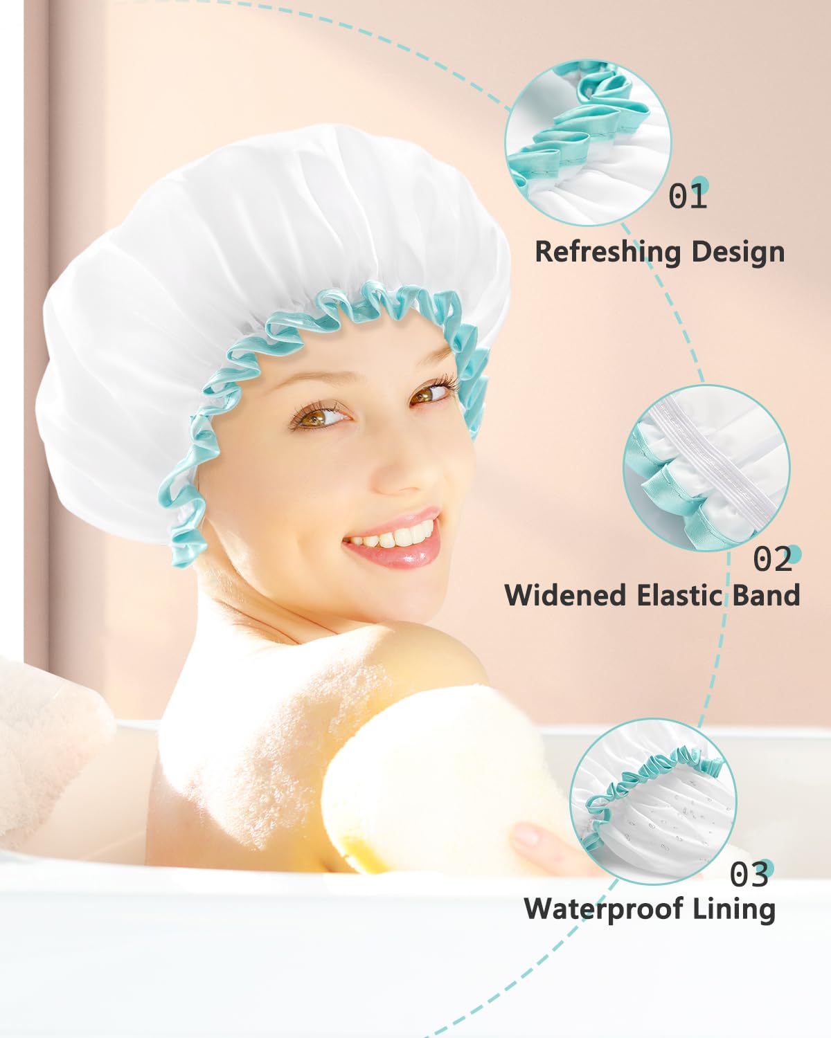mikimini White Shower Cap Waterproof Reusable, Double Layers Bathing Hair Cap with Soft Comfortable PEVA Lining, Cute, Non-fading & Stretchy Shower Hat Medium (Pack of 1) White
