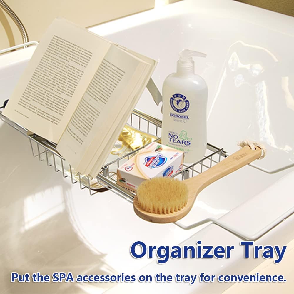 BESTHLS Bathtub Tray Caddy for Luxury Bath Expandable Extra Wide Bath Tub Tray with Wine Glass Holder & Soap Accessaries Holder & Laptop Reading and Organizer Ideal for Home Spa Lover (Silver)