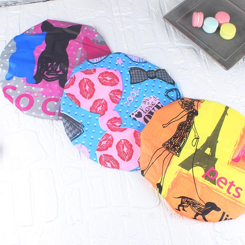 4Pcs Shower Caps, Waterproof Bath Caps Plastic Reusable Shower Caps Elastic Band Bath Hair Caps for Women Kids (P-3)