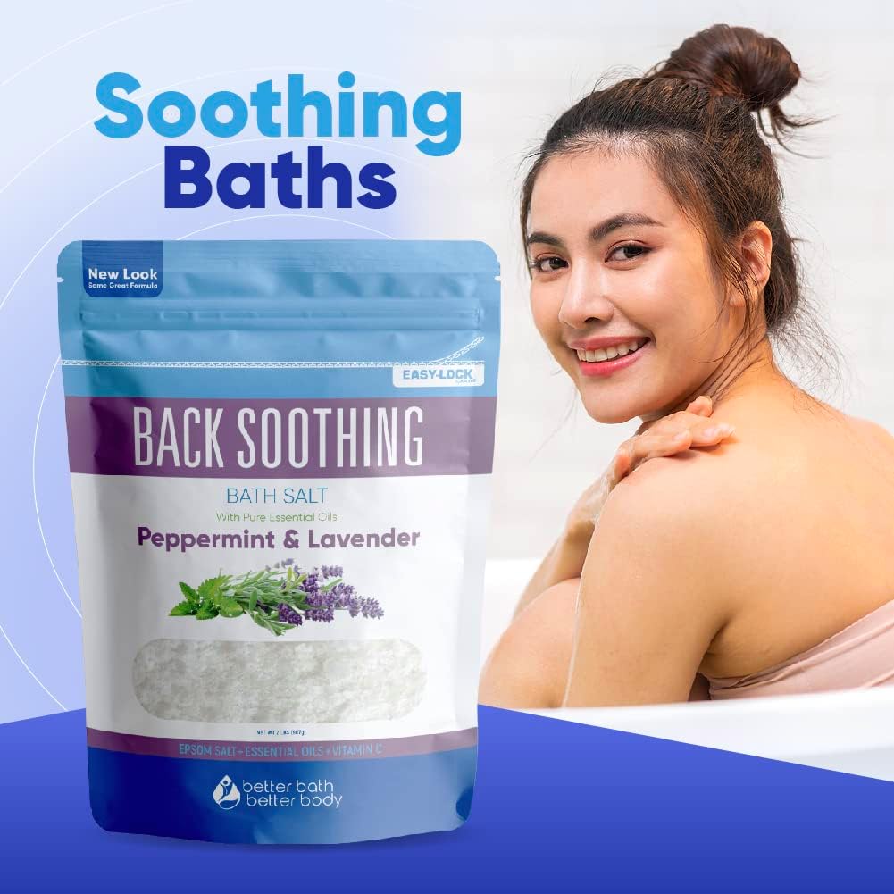 Back Soothing Bath Salt 32 Ounces Epsom Salt with Natural Bergamot, Lavender, Eucalyptus and Peppermint Essential Oils Plus Vitamin C in BPA Free Pouch with Easy Press-Lock Seal