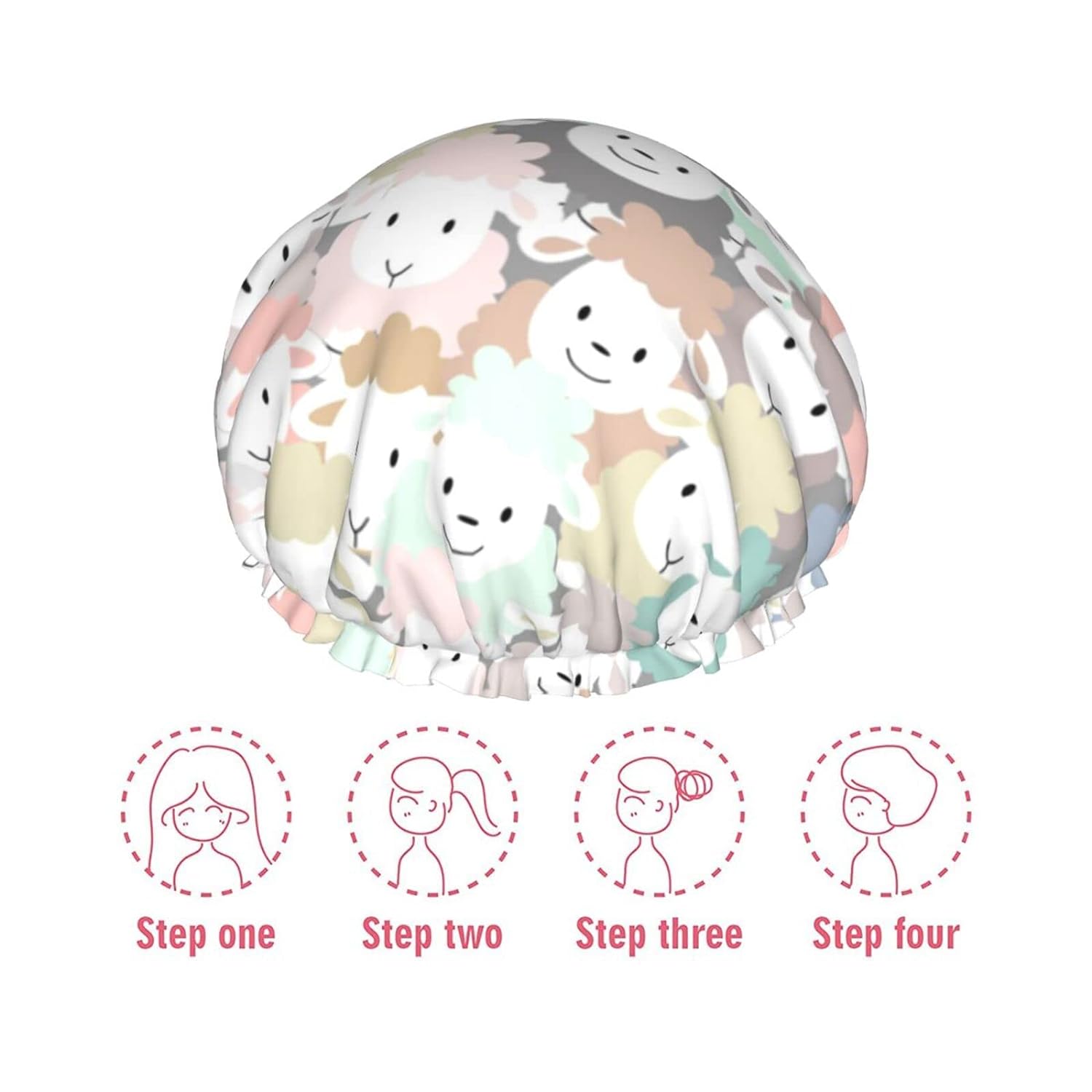 sheep cartoon pattern Shower Cap Reusable Bath Hair Cap Double Layer Waterproof Bathing Shower Hat for Ladies, Men, Kids, Spa or Salon