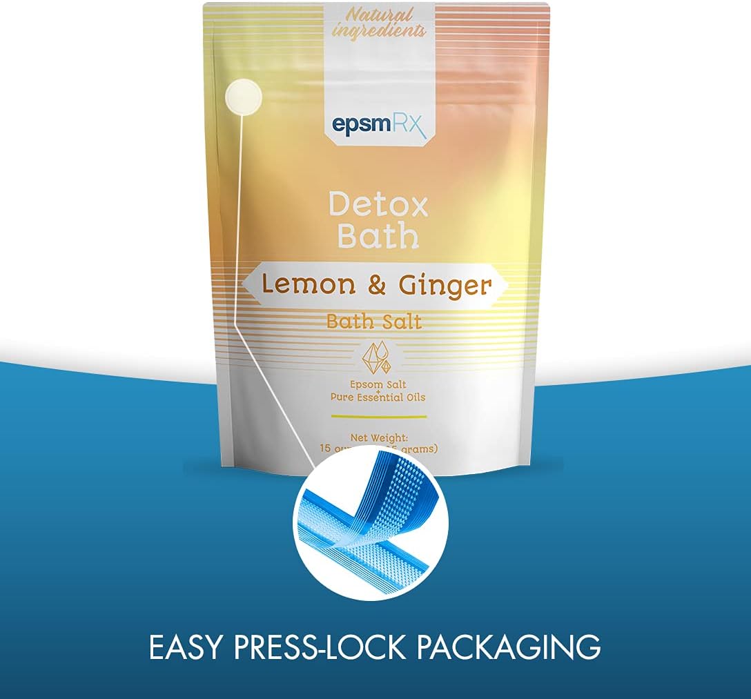 epsmRx Detox Bath Salt 15 Oz Epsom Salt Bath Soak Pouch, Lemon Essential Oil, Ginger Essential Oil