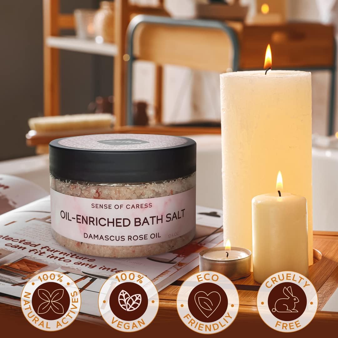 Natural Bath Salt with Himalayan Pink & Dead Sea Salt | Rejuvenating Oil - Enriched Salts with Rose & Peach Essential Oils | Unique Relaxing SPA Gift for Women | Detox Body & Foot Soak