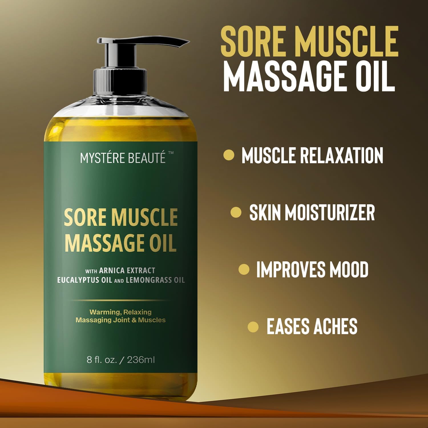 MYSTÉRE BEAUTÉ Sore Muscle Massage Oil for Massage Therapy with Arnica - Relaxing, Warming, Eases Muscle Soreness & Stiffness - Moisturizes Skin - Premium-Quality - 8 fl oz