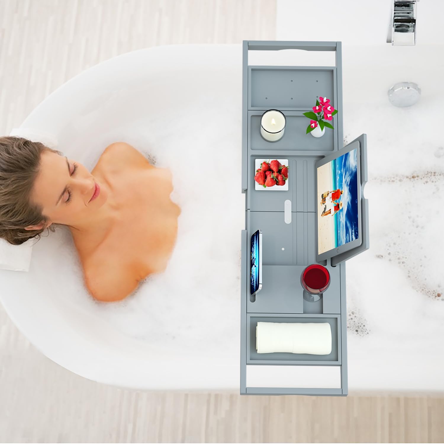 Premium Bathtub Tray Caddy - Bath Tray Bamboo Expandable - Bath Tub Tray Table for Bathtub - Expandable Size, Fits Most Bath Tubs
