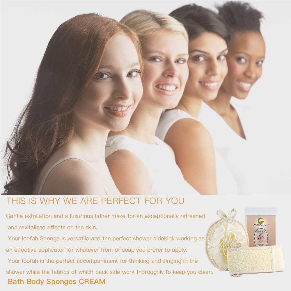 CROVIN Shower Puff 4 Pack Bath Sponge Shower Loofahs Pouf Large 7x5 Premium Exfoliating Mesh Puffs for Men and Women-Elastic Hand Strap Body Brush to Soothe, Cleanse Your Skin