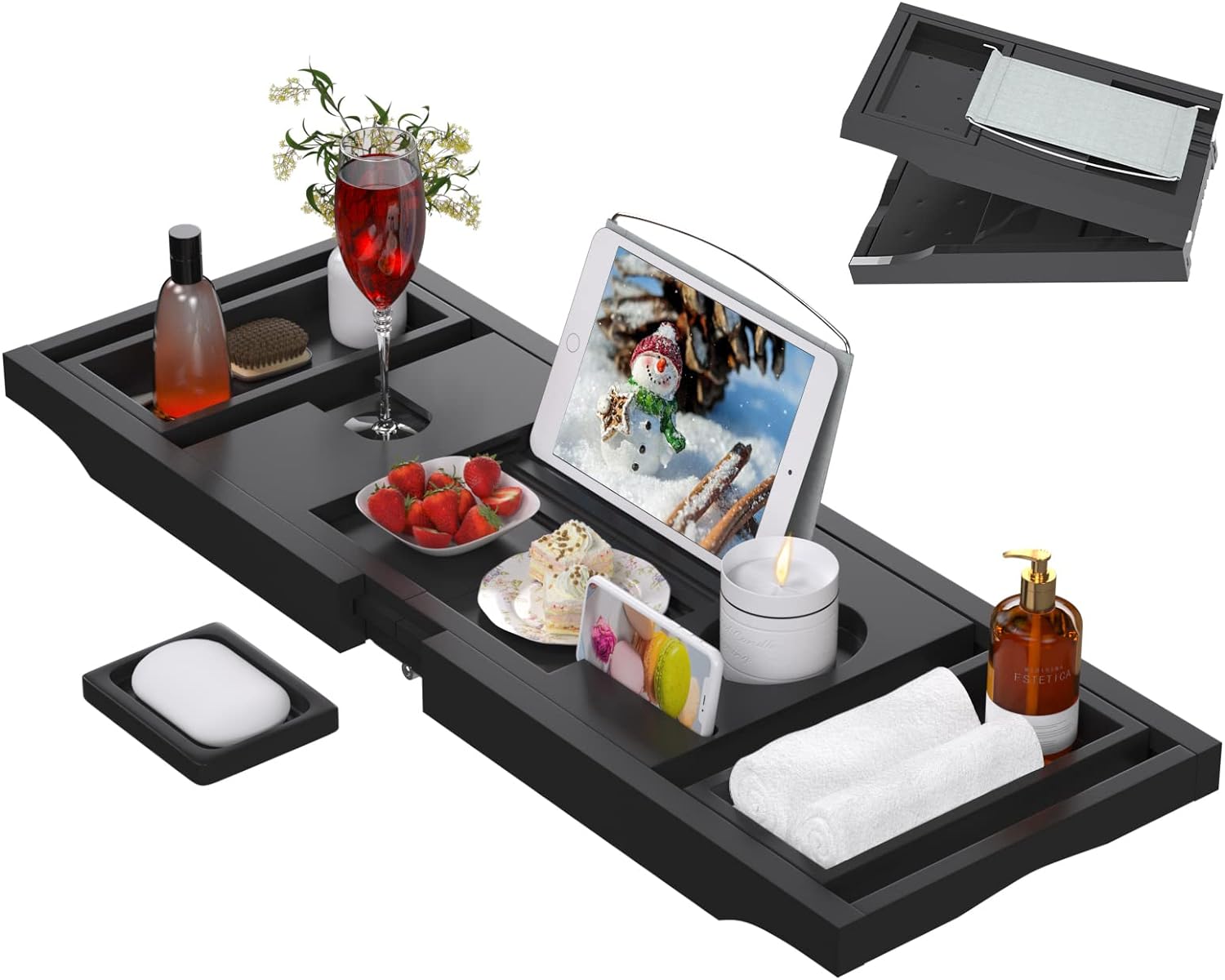 Artmalle Bathtub Caddy Tray for Tub,Foldable Bamboo Bath Table Tray with Book and Wine Glass Holder, Expandable Bathroom Accessories with Free Soap Dish Suitable for Luxury Spa or Reading