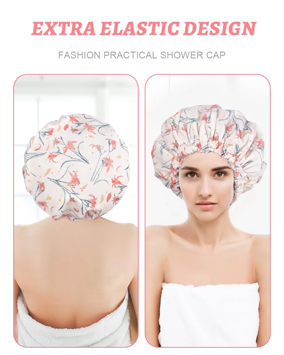 Aquior Shower Caps, Double Layer Waterproof Shower Cap for Women, Reusable Large Shower Cap for all Hair Lengths with EVA Lining, Soft Bath Shower Caps