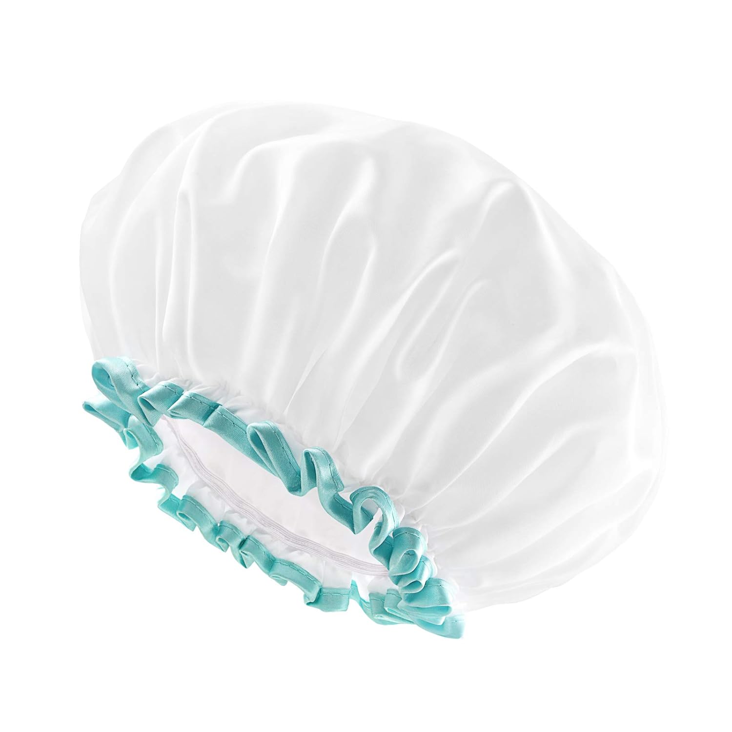 mikimini White Shower Cap Waterproof Reusable, Double Layers Bathing Hair Cap with Soft Comfortable PEVA Lining, Cute, Non-fading & Stretchy Shower Hat Medium (Pack of 1) White
