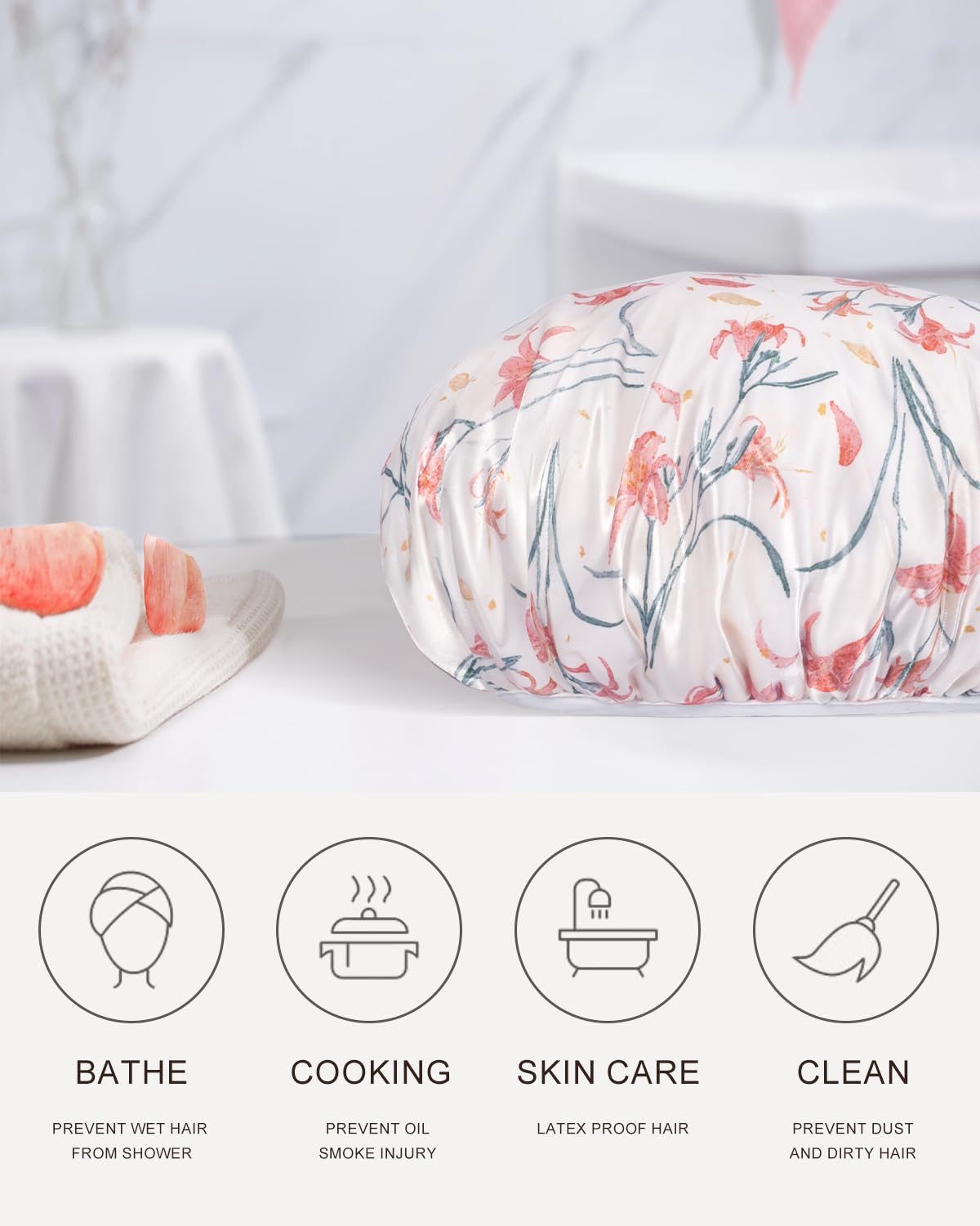 Aquior Shower Cap,Terry Cloth Lined Shower Cap for Women Reusable, Triple Layer Waterproof Bath Cap, Extra Large for Women Long Hair