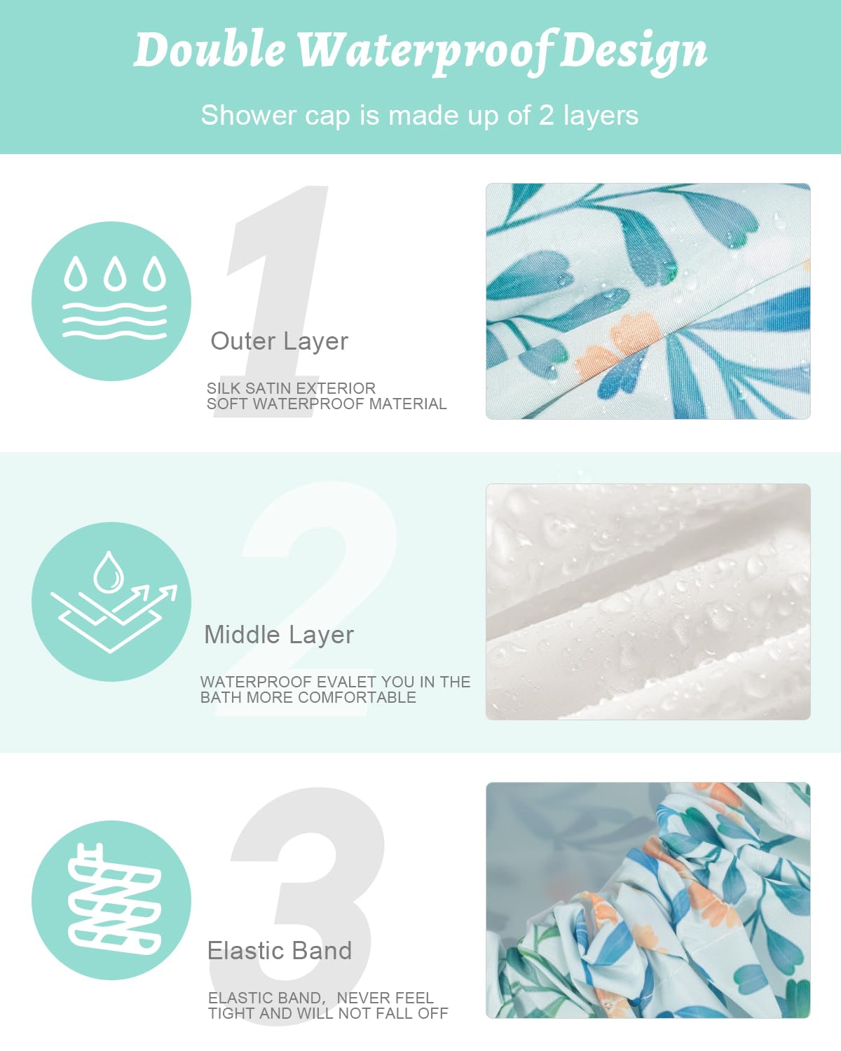 Aquior Shower Caps, Double Layer Waterproof Shower Cap for Women, Reusable Large Shower Cap for all Hair Lengths with EVA Lining, Soft Bath Shower Caps