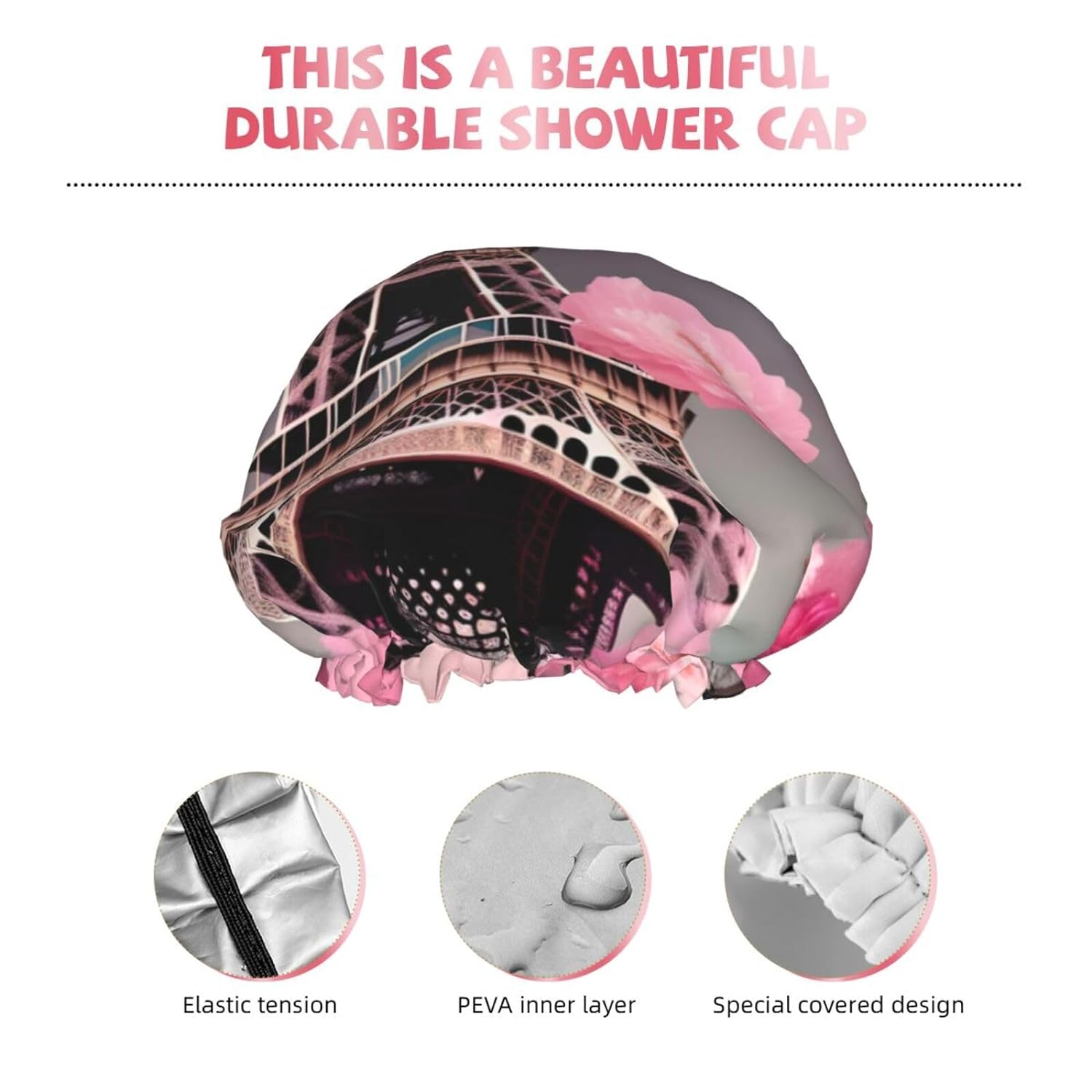 Ice Hockey print Print Reusable Shower Cap for Women,Double Waterproof Layers Bathing Hat,Quick Drying Bath Hair Cap
