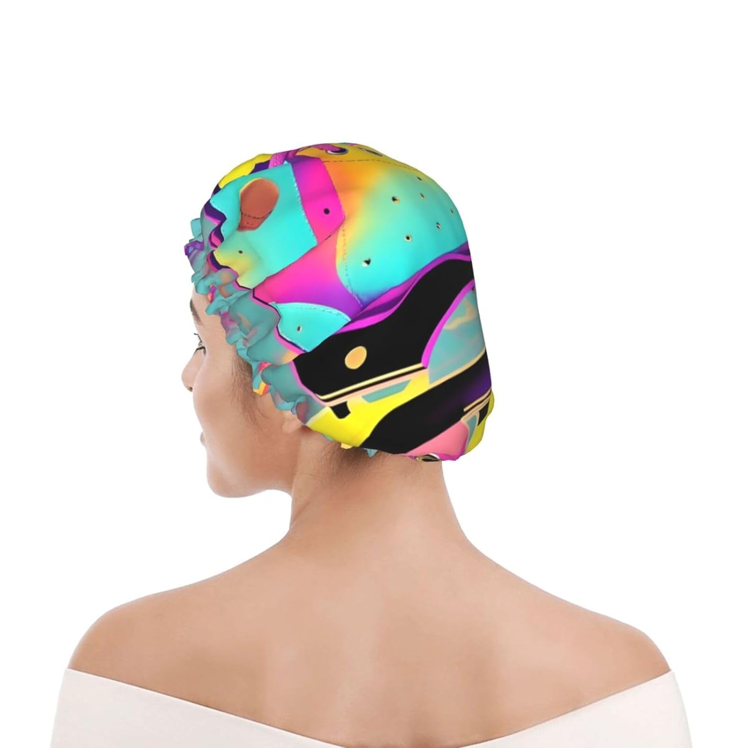 Ice Hockey print Print Reusable Shower Cap for Women,Double Waterproof Layers Bathing Hat,Quick Drying Bath Hair Cap