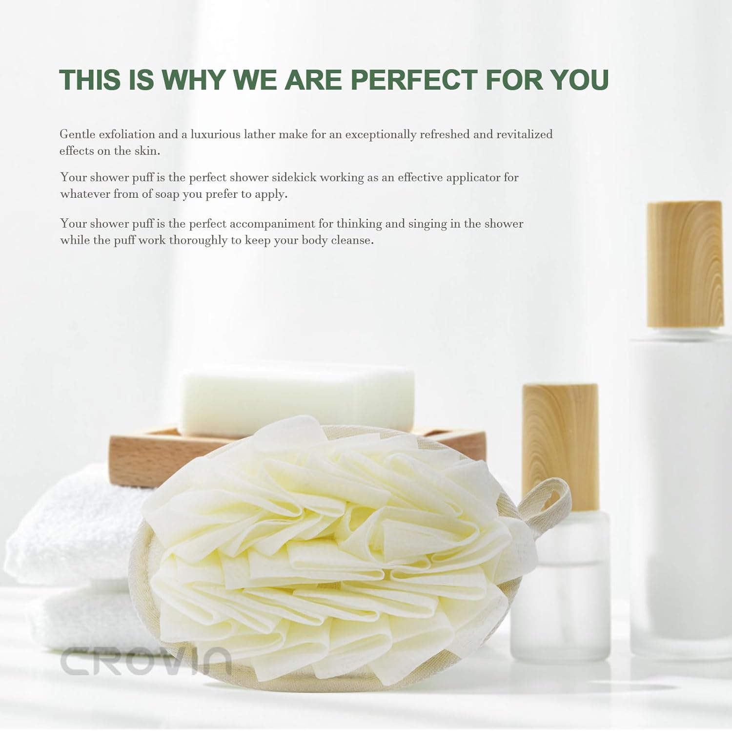 CROVIN Shower Puff 4 Pack Bath Sponge Shower Loofahs Pouf Large 7x5 Premium Exfoliating Mesh Puffs for Men and Women-Elastic Hand Strap Body Brush to Soothe, Cleanse Your Skin