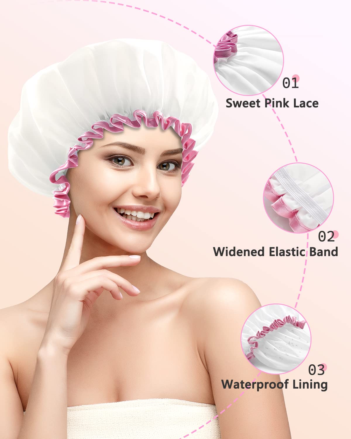 mikimini White Shower Cap Waterproof Reusable, Double Layers Bathing Hair Cap with Soft Comfortable PEVA Lining, Cute, Non-fading & Stretchy Shower Hat Medium (Pack of 1) White