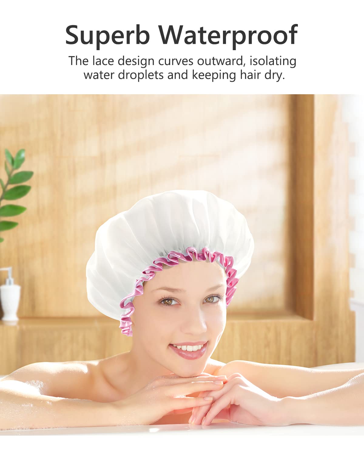 mikimini White Shower Cap Waterproof Reusable, Double Layers Bathing Hair Cap with Soft Comfortable PEVA Lining, Cute, Non-fading & Stretchy Shower Hat Medium (Pack of 1) White