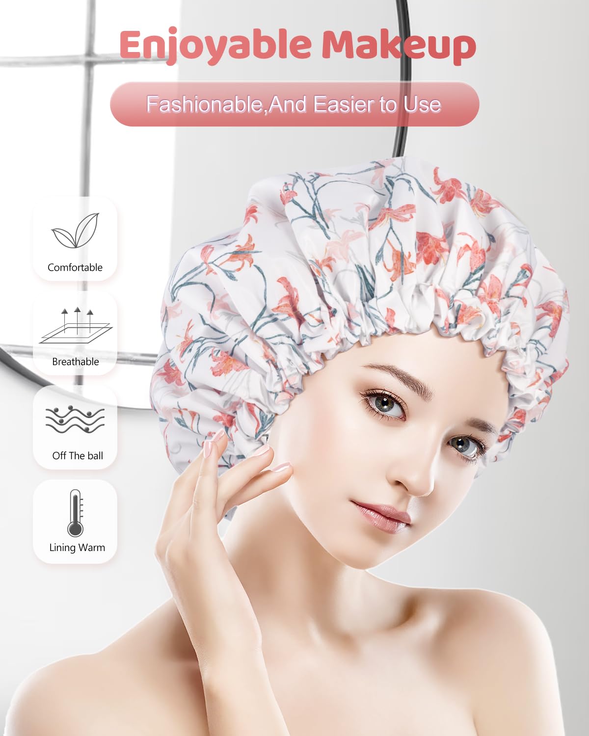 Aquior Shower Caps, Double Layer Waterproof Shower Cap for Women, Reusable Large Shower Cap for all Hair Lengths with EVA Lining, Soft Bath Shower Caps