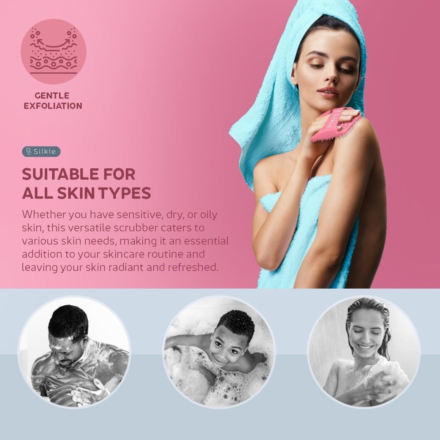 SILKLE Silicone Body Scrubber - Exfoliating Bath Brush and Skin Cleanser - Shower Sponge for Gentle Body Scrub and Wash - Silicone Scrubbing Care Tool for a Refreshed and Renewed You - Pink