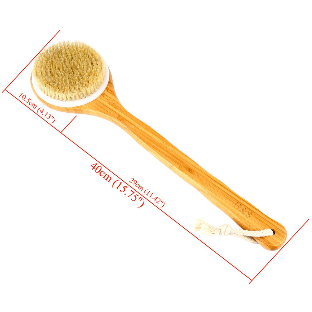 H&S Long Handled Back Brush for Skin Exfoliating with Natural Bristles - Back Body Brush for Dry Brushing and Scrubber for Shower - Bamboo Wood Back Brush Men & Women