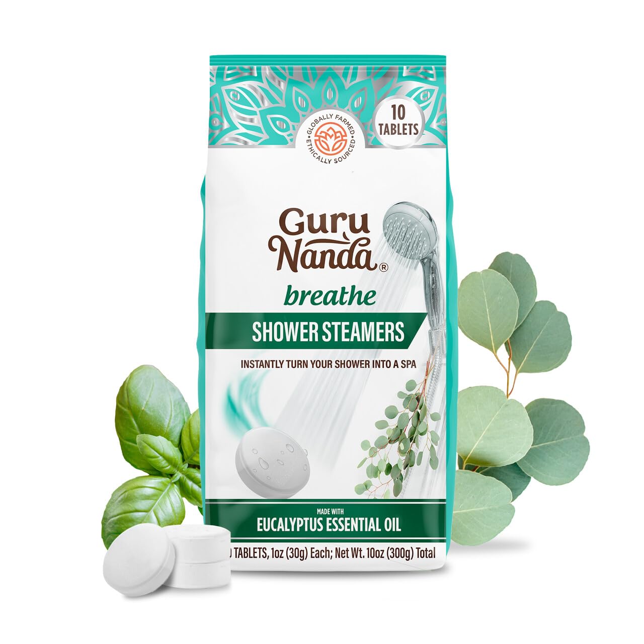 GuruNanda Breathe Shower Steamer Tablets (Pack of 10) - 100% Natural Eucalyptus Essential Oil helps with Congestion and Basil Supports Stress Relief & Mental Clarity - Perfect for Home Spa & Self Care