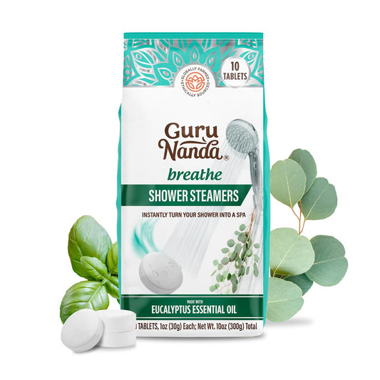 GuruNanda Breathe Shower Steamer Tablets (Pack of 10) - 100% Natural Eucalyptus Essential Oil helps with Congestion and Basil Supports Stress Relief & Mental Clarity - Perfect for Home Spa & Self Care