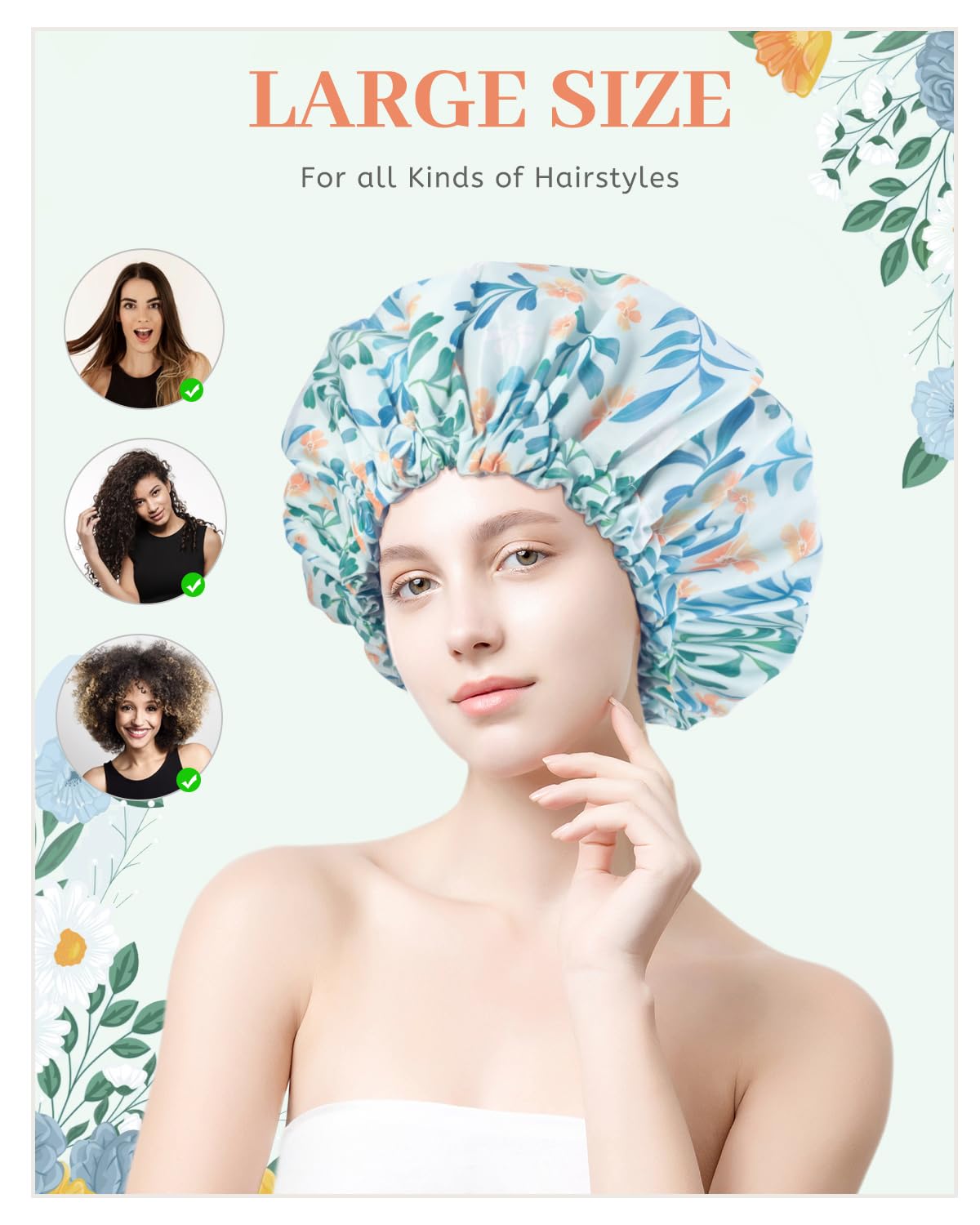 Aquior Shower Caps, Double Layer Waterproof Shower Cap for Women, Reusable Large Shower Cap for all Hair Lengths with EVA Lining, Soft Bath Shower Caps