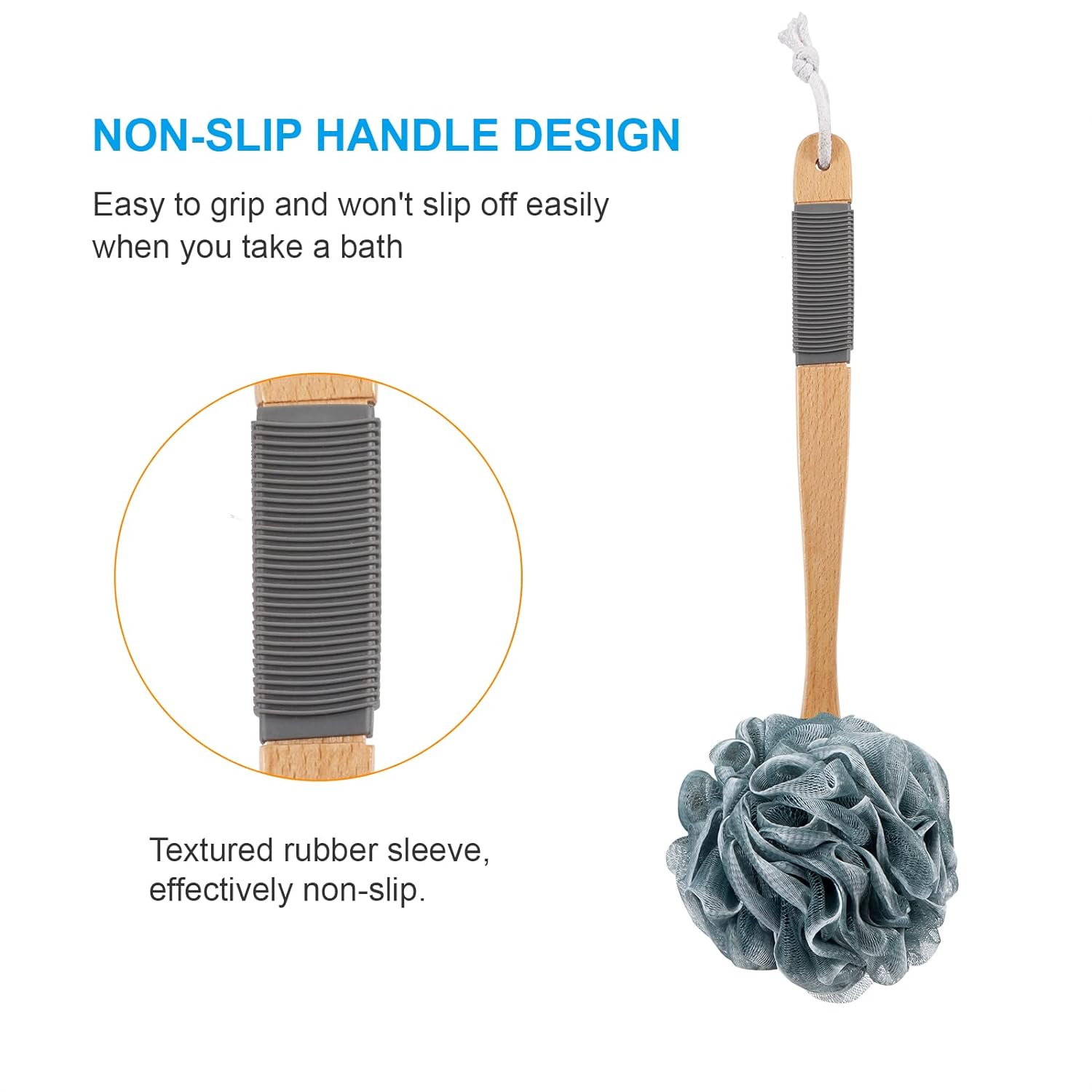 AmazerBath Shower Sponge Loofah Back Scrubber, PE Soft Mesh Loofah Body Scrubber with Long Wooden Handle, Bath Sponge for Men Women (Pink)