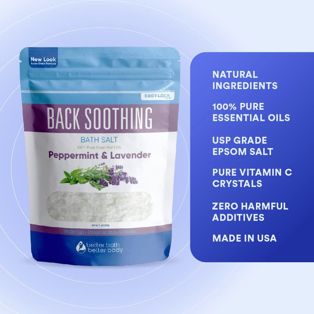 Back Soothing Bath Salt 32 Ounces Epsom Salt with Natural Bergamot, Lavender, Eucalyptus and Peppermint Essential Oils Plus Vitamin C in BPA Free Pouch with Easy Press-Lock Seal