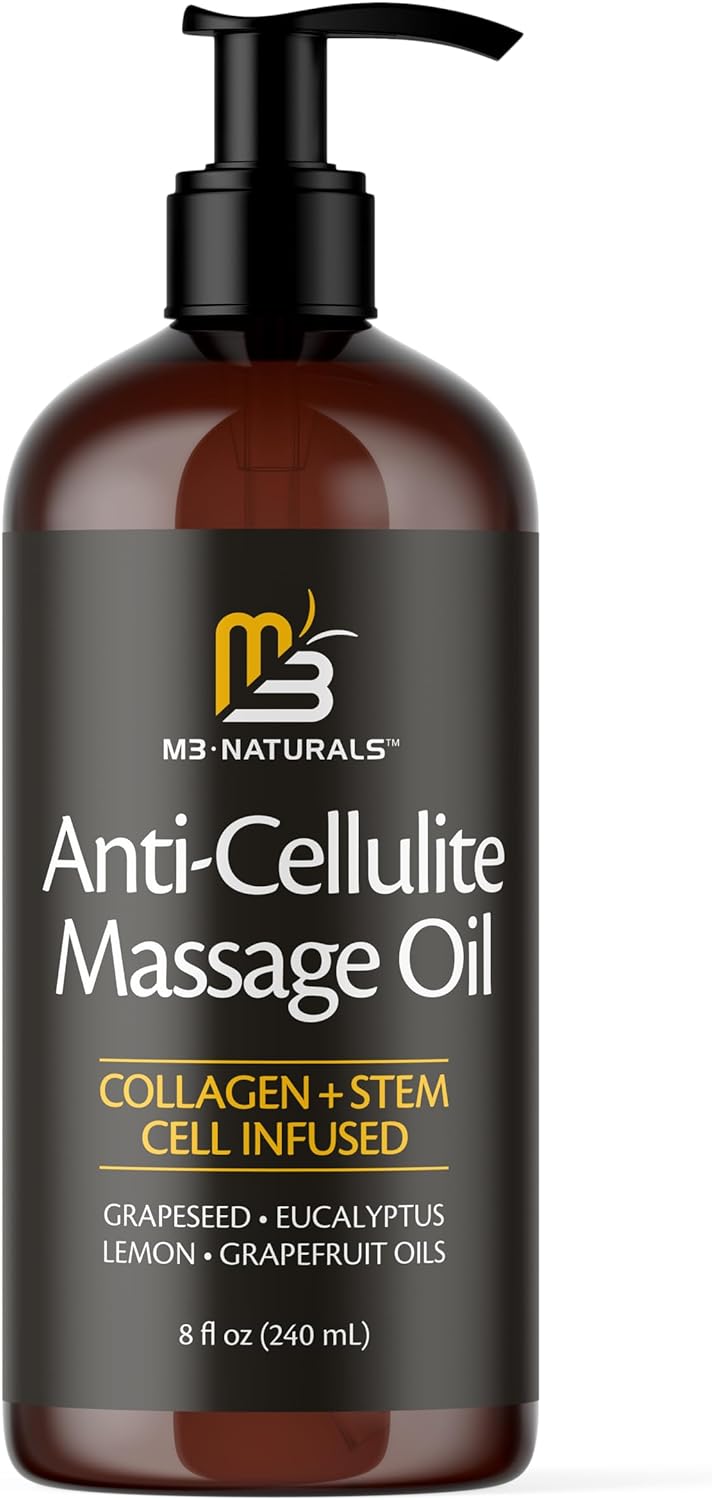 Anti Cellulite Massage Oil and Sore Muscle Body Oil | Massage Oil for Massage Therapy | Collagen and Stem Cell Skin Tightening Cellulite Cream and Massage Lotion for Women 8 Fl Oz by M3 Naturals