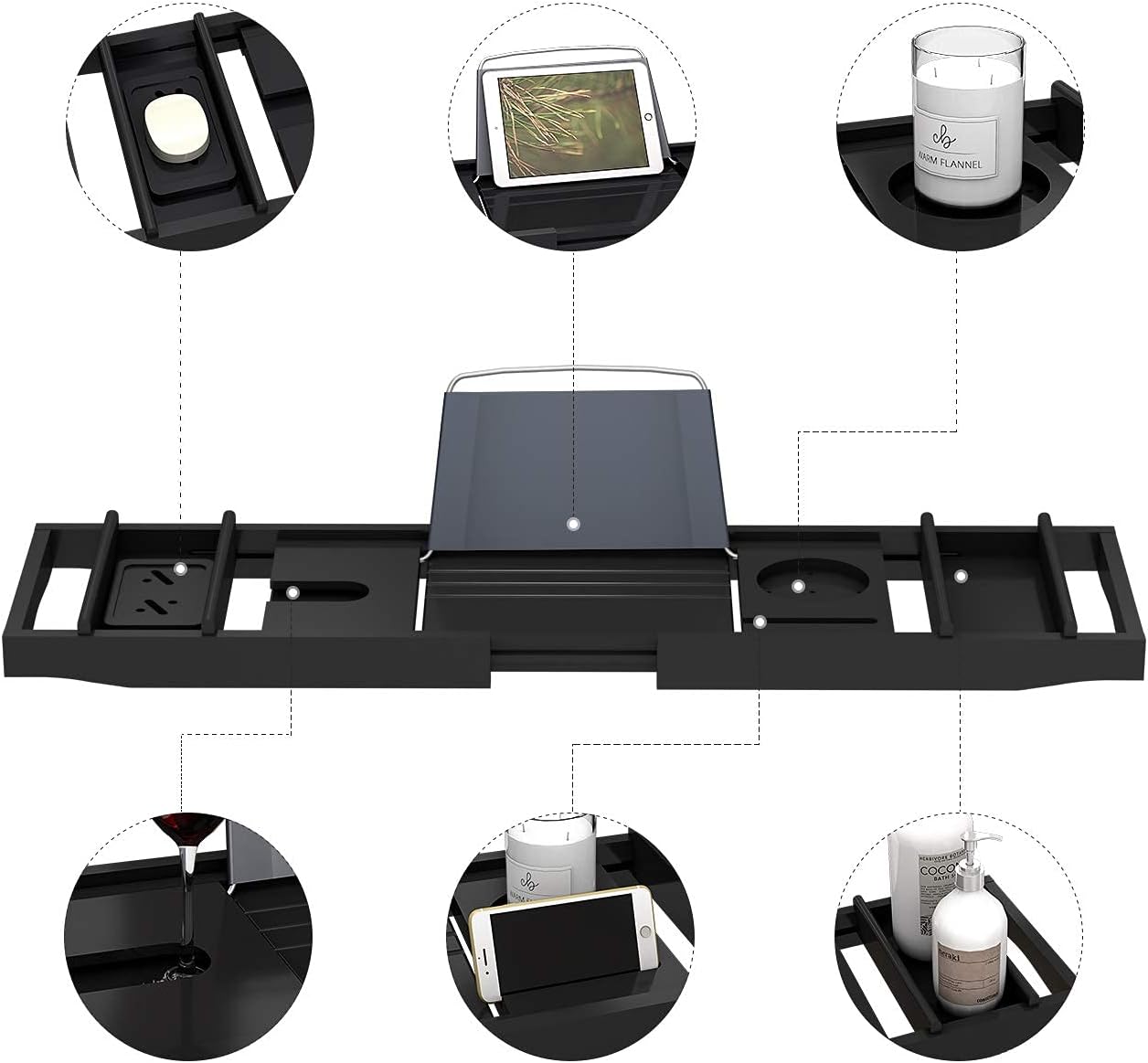 Domax Bathtub Caddy Tray and Bamboo Bath Mat for Luxury Spa Bath Black