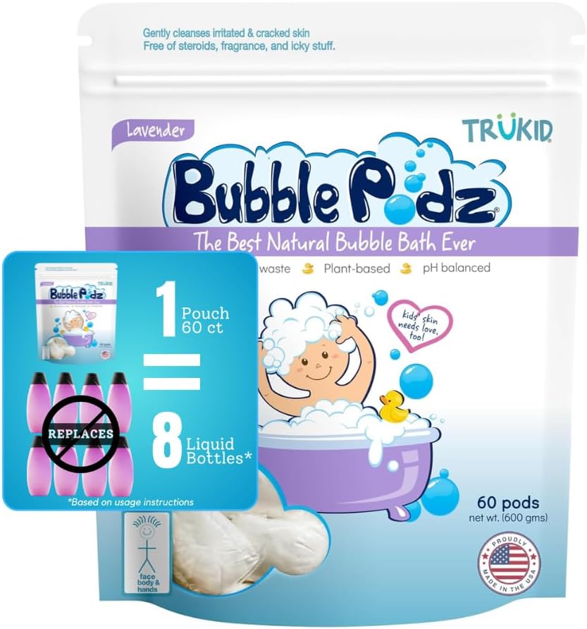 TruKid Bubble Podz for Baby, Refreshing Bubble Bath for Dry, Sensitive & Soft Skin, pH Balanced for Eye Sensitivity, Enriched with Lavender Flower, Lavender Scent, All Natural Ingredients (24 Podz)