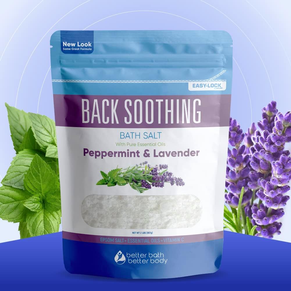 Back Soothing Bath Salt 32 Ounces Epsom Salt with Natural Bergamot, Lavender, Eucalyptus and Peppermint Essential Oils Plus Vitamin C in BPA Free Pouch with Easy Press-Lock Seal