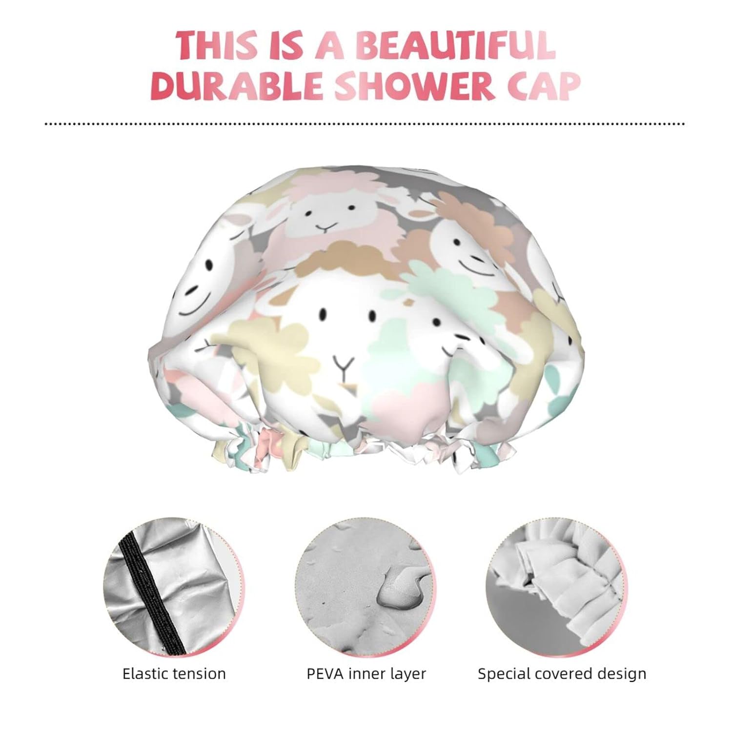 sheep cartoon pattern Shower Cap Reusable Bath Hair Cap Double Layer Waterproof Bathing Shower Hat for Ladies, Men, Kids, Spa or Salon