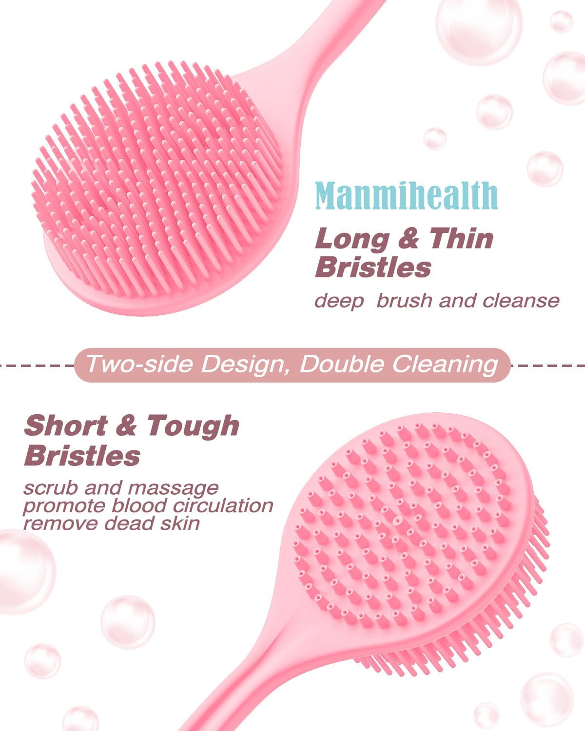 Manmihealth Silicone Back Scrubber(Thick Bristles) & Soft Bath Glove Set, Super-Exfoliating Body Scrubber & Super-Lathering Shower Brush Combination, with a Free Hook.(Black)