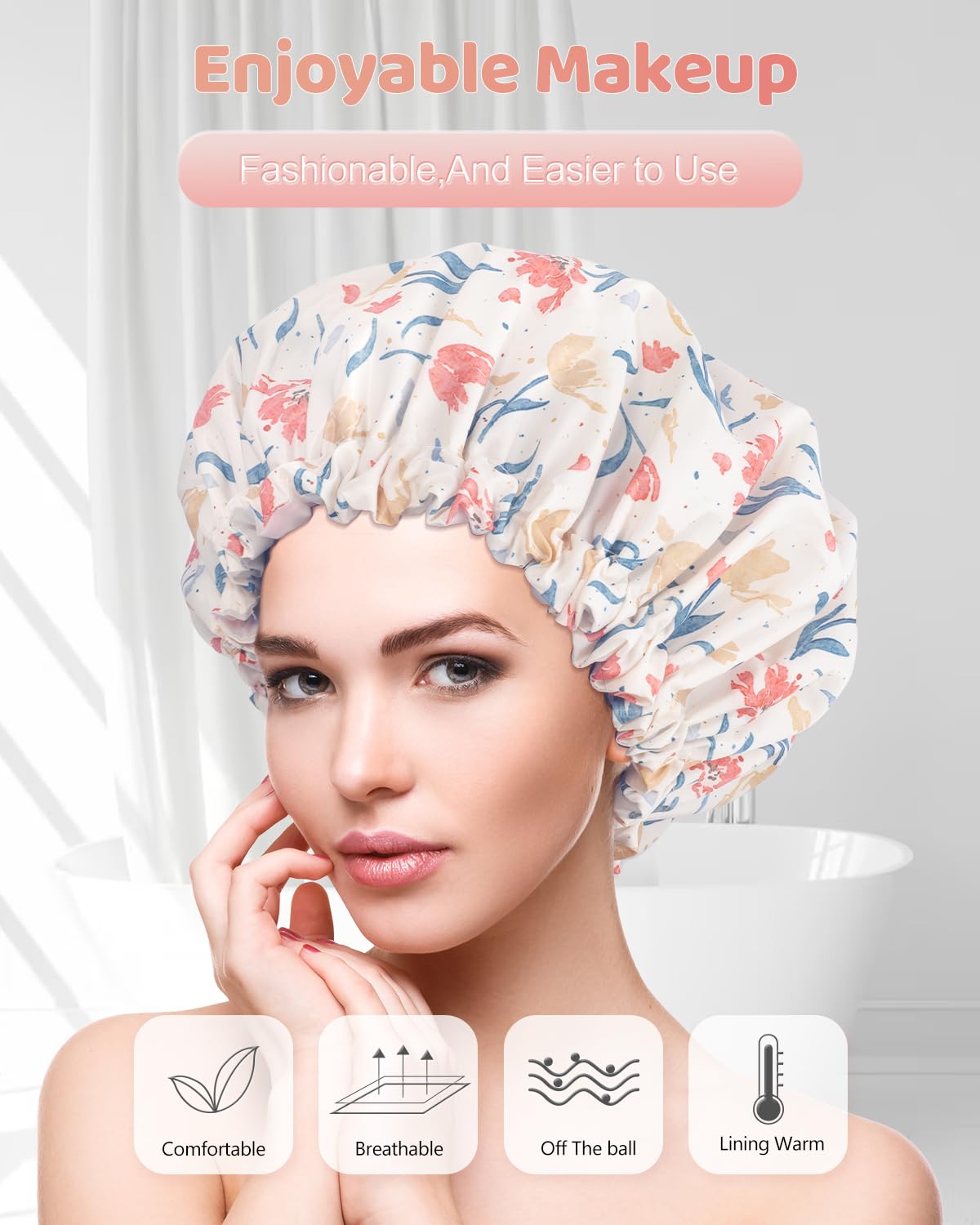 Aquior Shower Caps, Double Layer Waterproof Shower Cap for Women, Reusable Large Shower Cap for all Hair Lengths with EVA Lining, Soft Bath Shower Caps