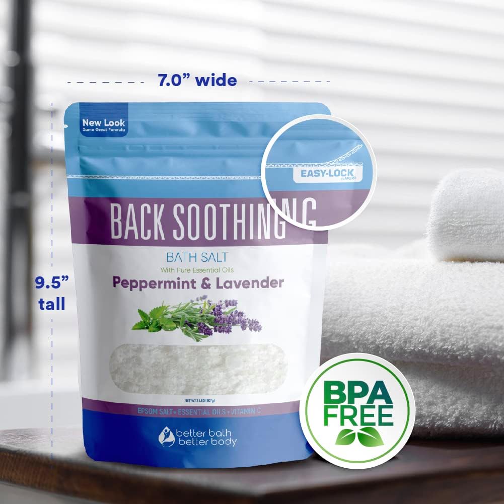 Back Soothing Bath Salt 32 Ounces Epsom Salt with Natural Bergamot, Lavender, Eucalyptus and Peppermint Essential Oils Plus Vitamin C in BPA Free Pouch with Easy Press-Lock Seal