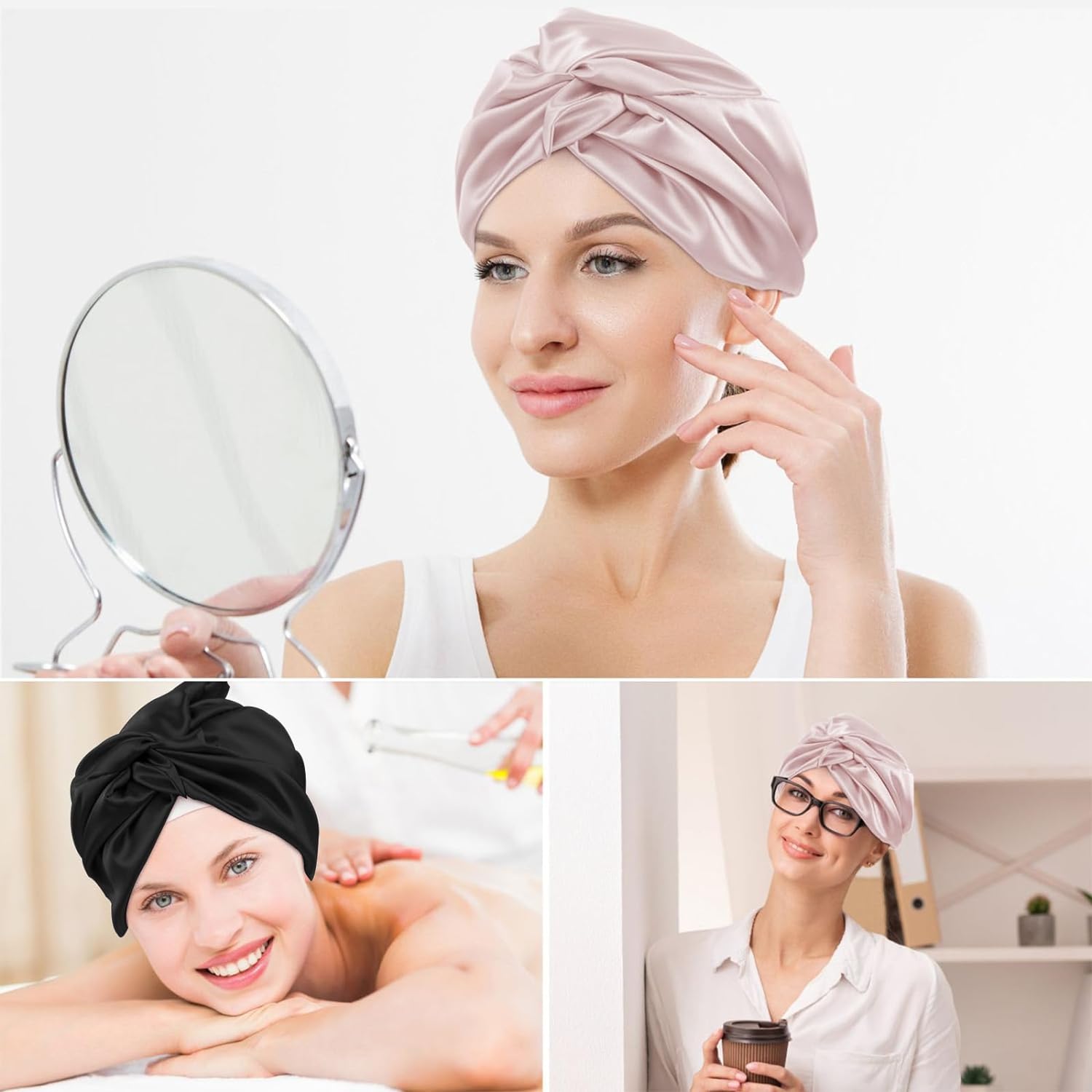 Satin Bonnet Silk Bonnet for Sleeping Women, Double-Layer Silk Hair Wrap with Elastic Band, Adjustable Shower Cap for Curly Straight Long Hair, Pink