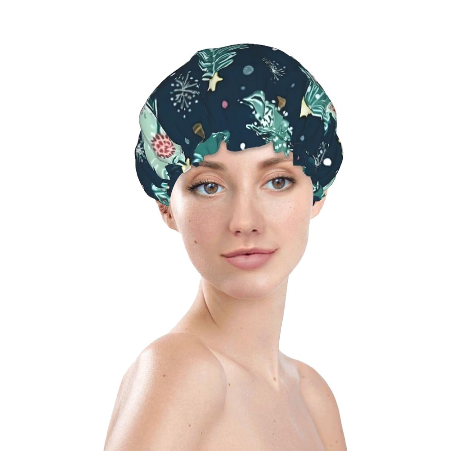 Double Layer Waterproof Shower Cap for Women - Lightweight, Portable, and Reusable Bath Accessory for Long Hair Xmas Tree Ball Stars