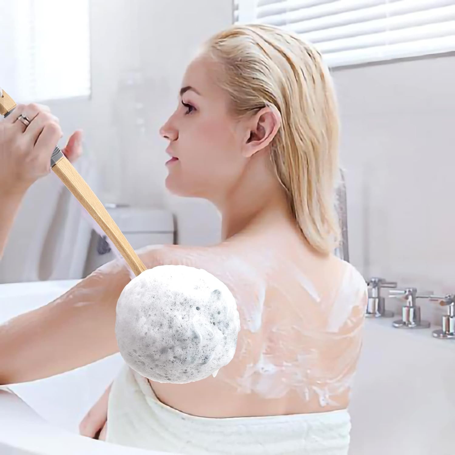 AmazerBath Shower Sponge Loofah Back Scrubber, PE Soft Mesh Loofah Body Scrubber with Long Wooden Handle, Bath Sponge for Men Women (Pink)