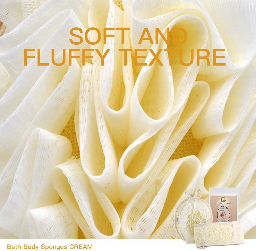 CROVIN Shower Puff 4 Pack Bath Sponge Shower Loofahs Pouf Large 7x5 Premium Exfoliating Mesh Puffs for Men and Women-Elastic Hand Strap Body Brush to Soothe, Cleanse Your Skin