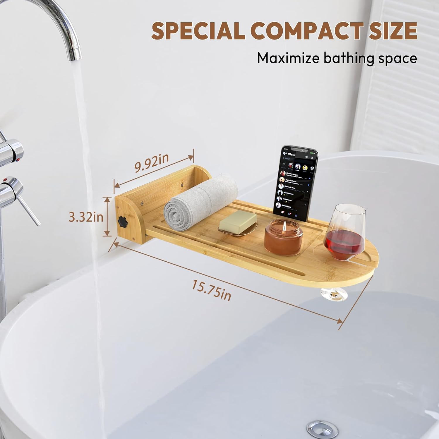 Yumkfoi Foldable Bathtub Side Tray with Adjustable Height, Bamboo Bath Table for Tubs Against Wall, Liftable Tub Caddy Shelf for Luxury Bath Spa and Gift Idea - Patent Protected (Non Freestanding)