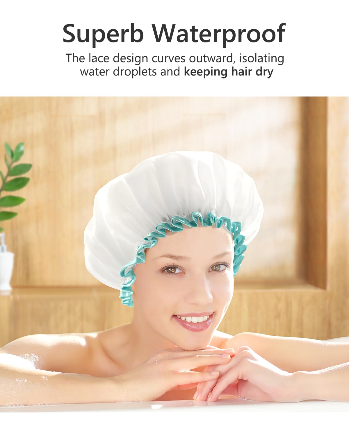 mikimini White Shower Cap Waterproof Reusable, Double Layers Bathing Hair Cap with Soft Comfortable PEVA Lining, Cute, Non-fading & Stretchy Shower Hat Medium (Pack of 1) White