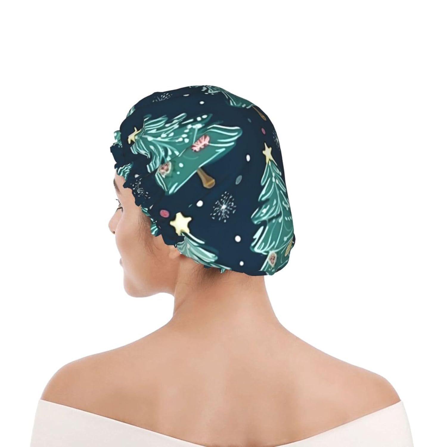 Double Layer Waterproof Shower Cap for Women - Lightweight, Portable, and Reusable Bath Accessory for Long Hair Xmas Tree Ball Stars