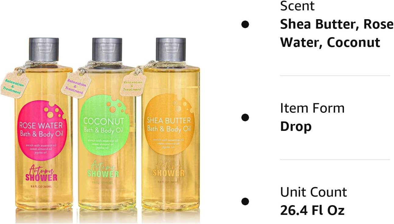 Bath and Body Oil Autumn Shower Body Oil with Sweet Almond Oil Jojoba Oil and Shea Butter, Lavender & Coconut Shower Oils Mother's Day Gift for Women Dry Skin Christmas Gift Set 17.6 fl oz (Pack of 2)