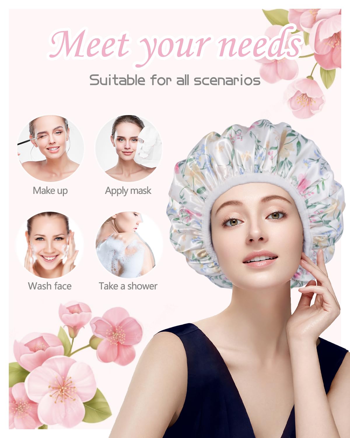 Aquior Shower Cap,Terry Cloth Lined Shower Cap for Women Reusable, Triple Layer Waterproof Bath Cap, Extra Large for Women Long Hair